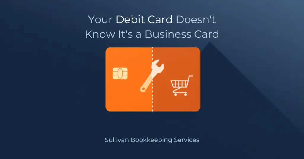 Illustration of a debit card split down the middle, one side for business tools, one side for a personal shopping cart, representing mixed business and personal spending